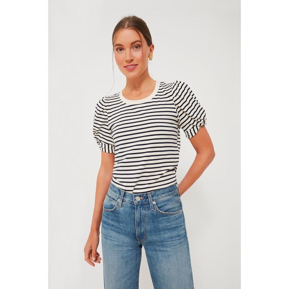 POMANDER PLACE Navy Striped Vesty Puff Short Sleeve Crewneck Size XXL NWT